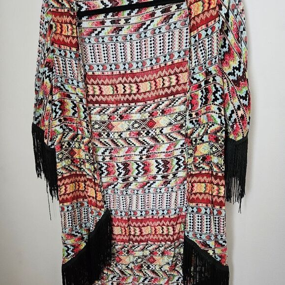 Love Tease Cardigan Kimono Lightweight Pattern Fringe Print Casual Open Front - Picture 3 of 11